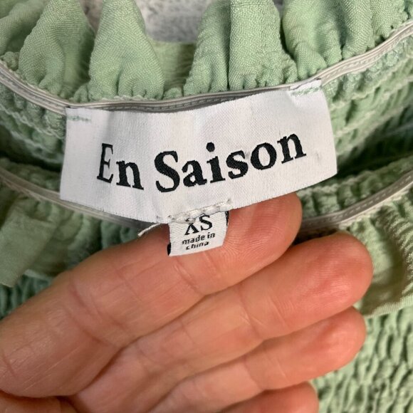 En Saison Crop Top Mint Smocked Puff Sleeve Square Neck Peasant Boho Blouse - Picture 8 of 12